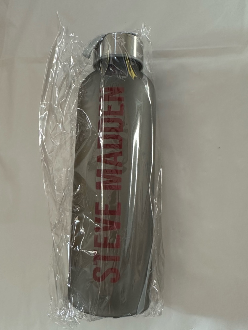 Steve Madden Silver Matte Water Bottle with Red Logo